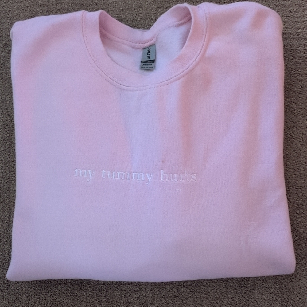 Gildan Women's "My Tummy Hurts" Graphic Light Pink Custom Crewneck Sweatshirt - Picture 5 of 11